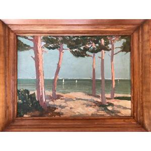 Marine Paysage Du Bassin d'Arcachon Georges Chateau 1947 Huile Sur Carton