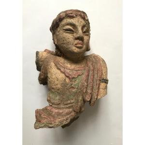 Fragment De Sculpture Khmer Asie Du Sud-est Grès Polychrome XIXème Siècle