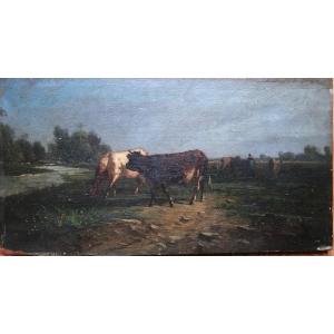 André Cortes Barbizon Scene Of Cows Around 1870 Oil On Panel