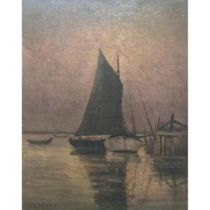 J. G. Tison Huile Sur Toile Paysage Bassin d'Arcachon Marine Voiliers Taussat Vers 1900