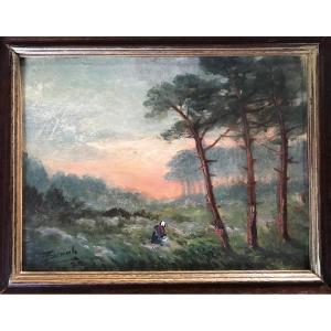 Oil On Cardboard, "landes Landscape", Pine Forest Signed And Dated 29 For 1929.