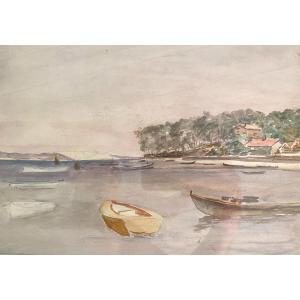 Aquarelle Sur Papier Bassin d'Arcachon Pointe Aux Chevaux Dune Du Pyla Vers 1950