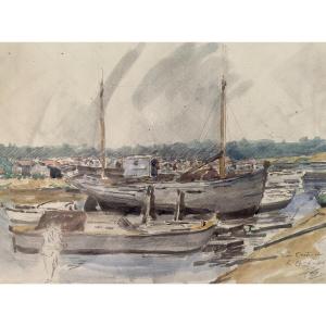 Aquarelle Sur Papier La Teste De Buch Paysage Bassin d'Arcachon Datée 1946 Signée "p.s." 