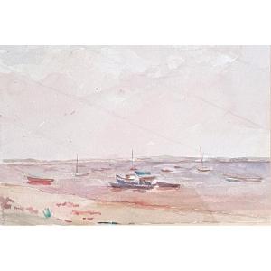 Aquarelle Sur Papier Bassin d'Arcachon Littoral  Presqu'île Du Cap Ferret Vers 1950