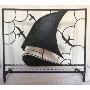 1940 Fireplace Screen, Seaside, Marine Motif, Sailboat, Regatta. Wrought Iron.