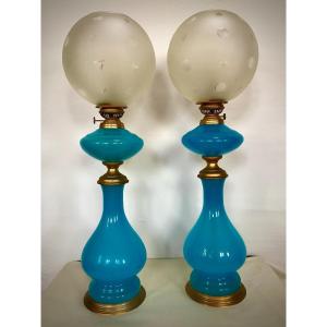 Pair Of Lamps Napoleon III Styled, In Blue Opaline 