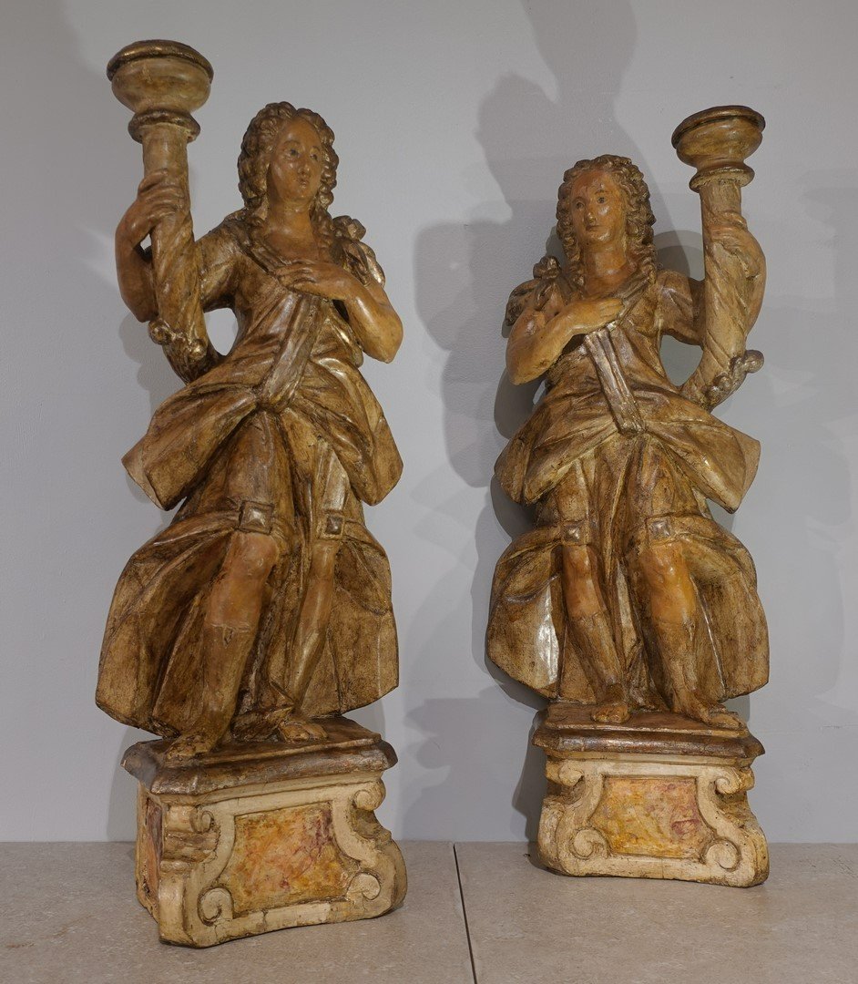 Pair Of Polychrome Wooden Torchiere Holders - 17th Century-photo-4