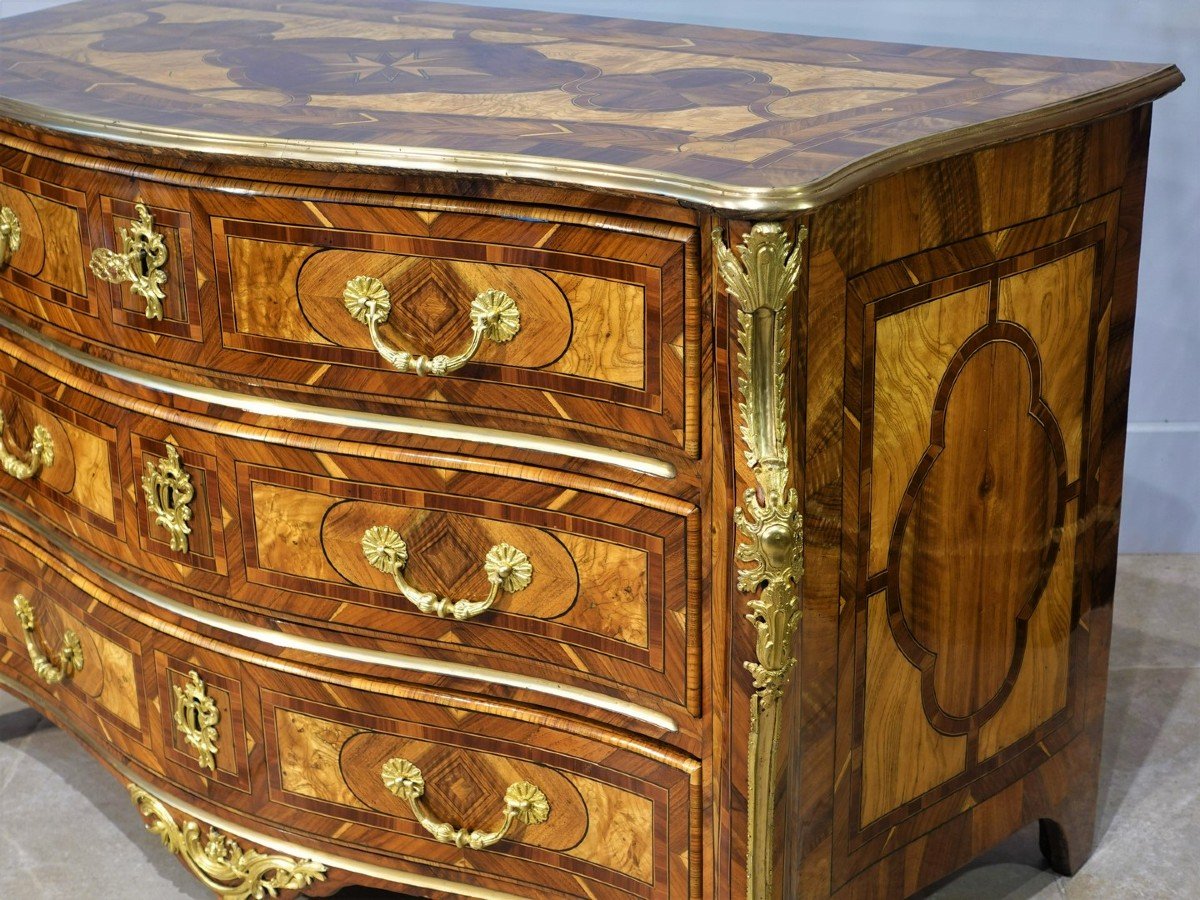 Rare ''heart'' Chest Of Drawers Inlaid With Native Woods From The Regency Period-photo-6