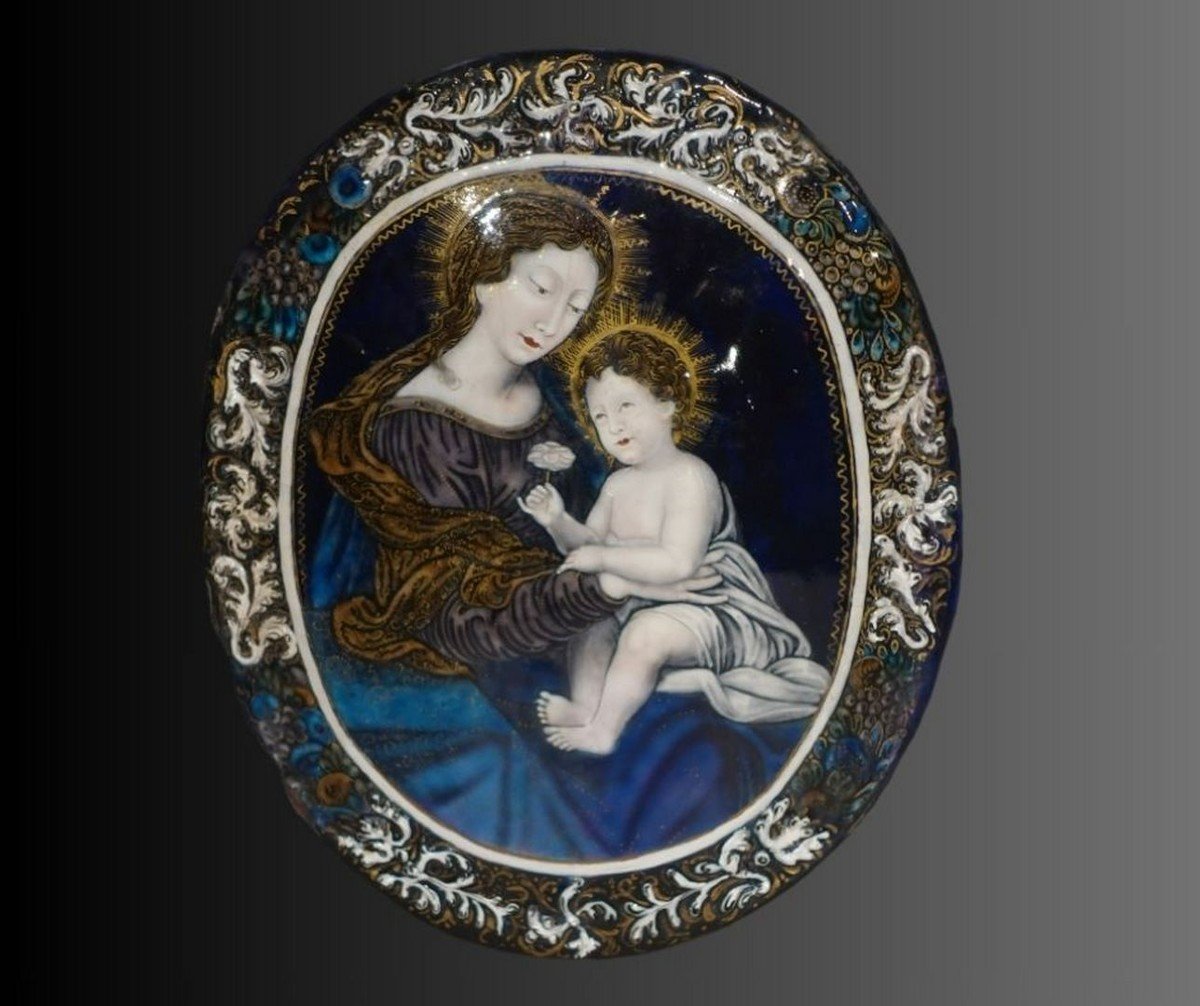 Vierge à l'Enfant - Émail de Limoges signé Nouailher Jeune fin XVII°