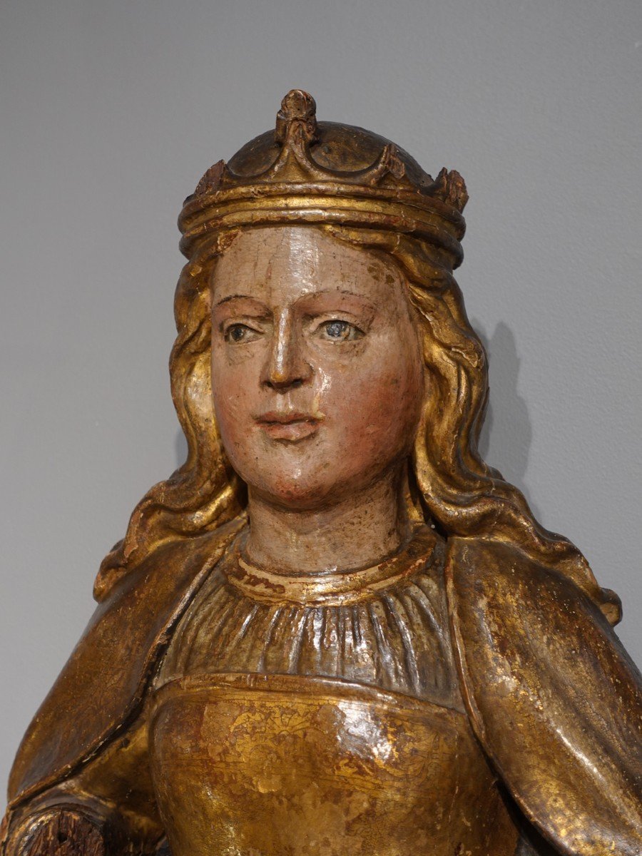 Sainte Catherine In Polychrome Gilded Carved Wood Circa 1520-1530-photo-2