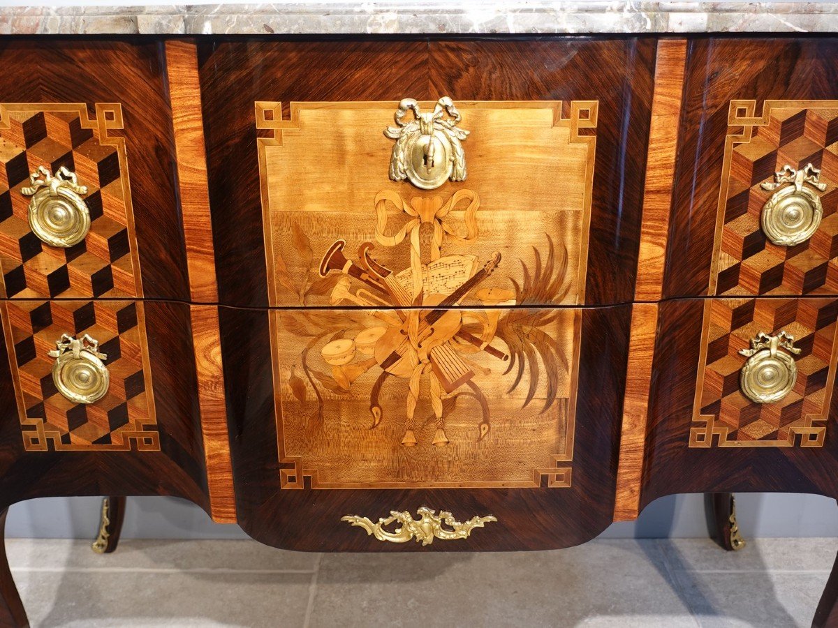 Transition Chest Of Drawers With “musical Instruments”, 18th Century-photo-3