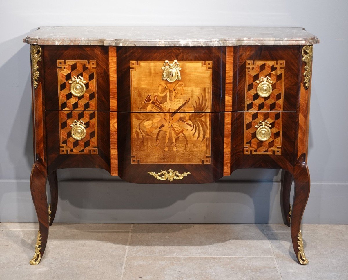 Transition Chest Of Drawers With “musical Instruments”, 18th Century