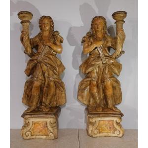 Pair Of Polychrome Wooden Torchiere Holders - 17th Century