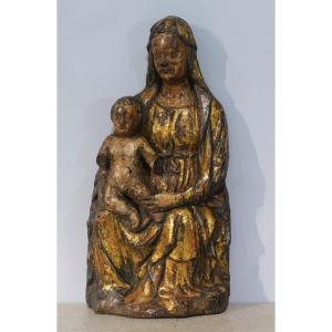Vierge à l'Enfant en Majesté en bois polychrome d'époque XV°