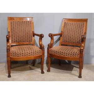 Pair Of Empire Mahogany Armchairs From The Early 19th Century