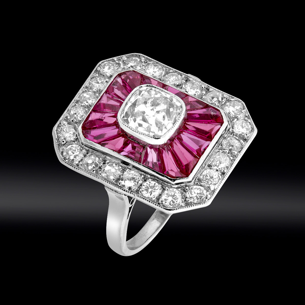 Rectangle Ring With Cut Sides, Calibrated Rubies And Diamonds, Circa 1925 