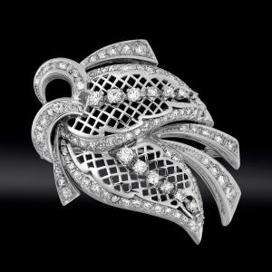 Diamond Openwork Foliage Brooch Circa 1950