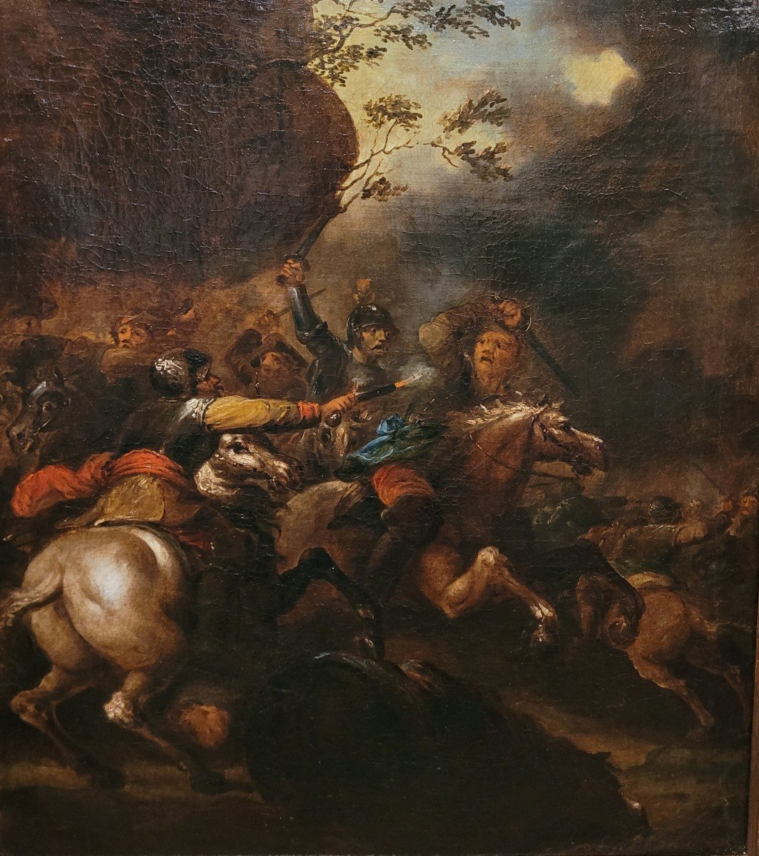 “battle Between Knights” Oil Painting On Canvas From The Mid-17th Century-photo-3