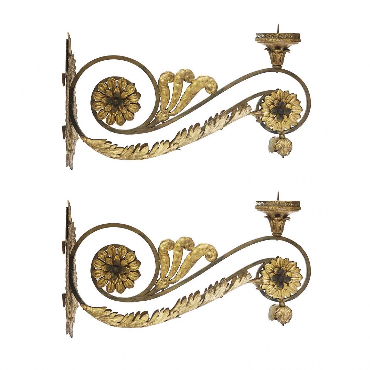 Early 18th Century Italian Pair Of Gilt Sunflower Sconces Oversized Castle Wall Lights-photo-2