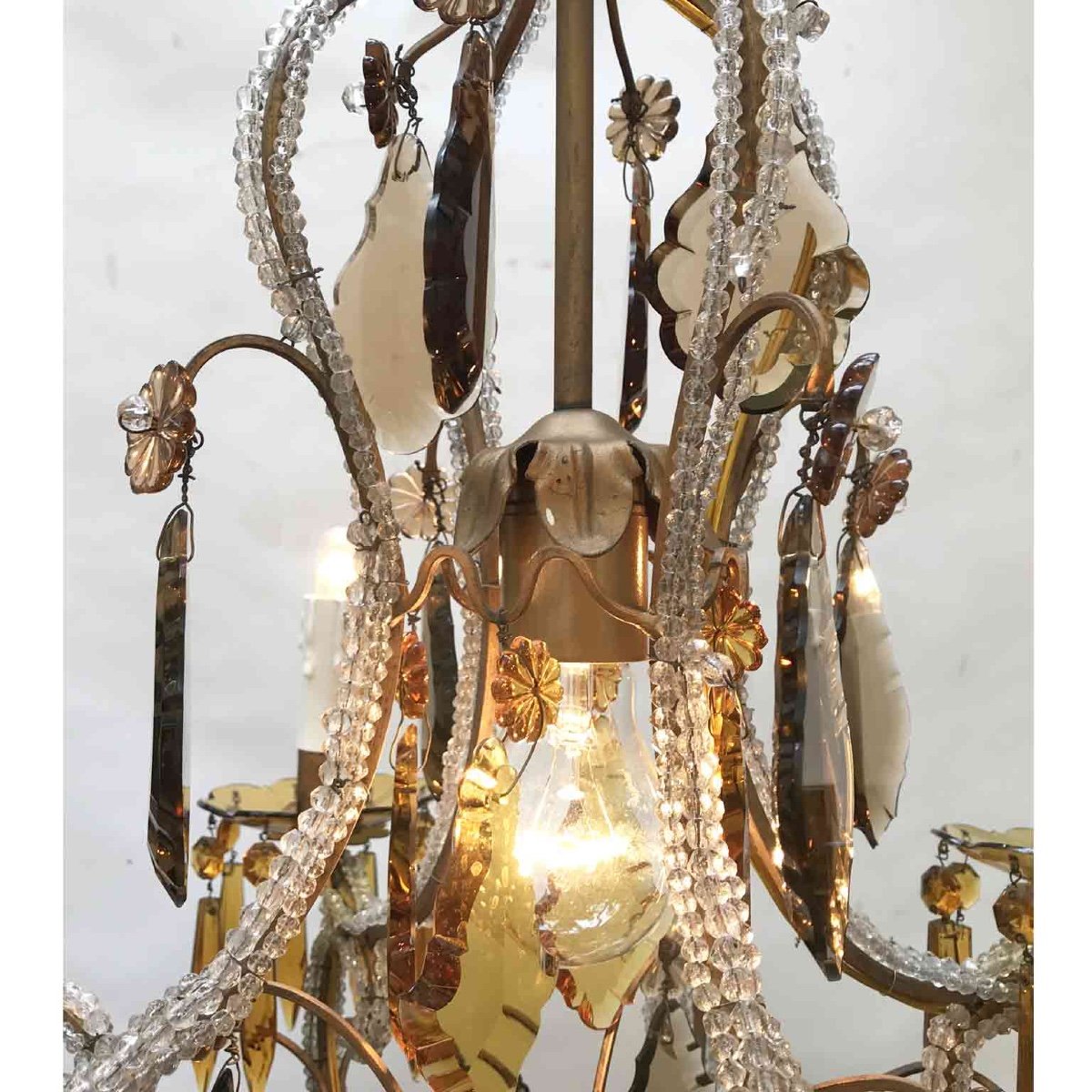 20th Century Italian Beaded Crystal Chandelier With Amber And Grey Colored Drops-photo-4