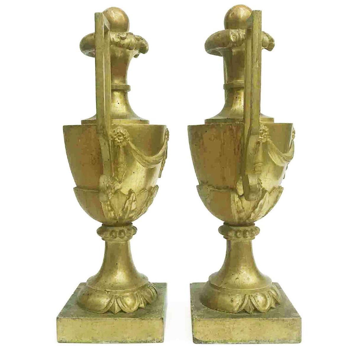 Pair Of Large Italian Empire Gilt Wood Vases 18th Century-photo-2