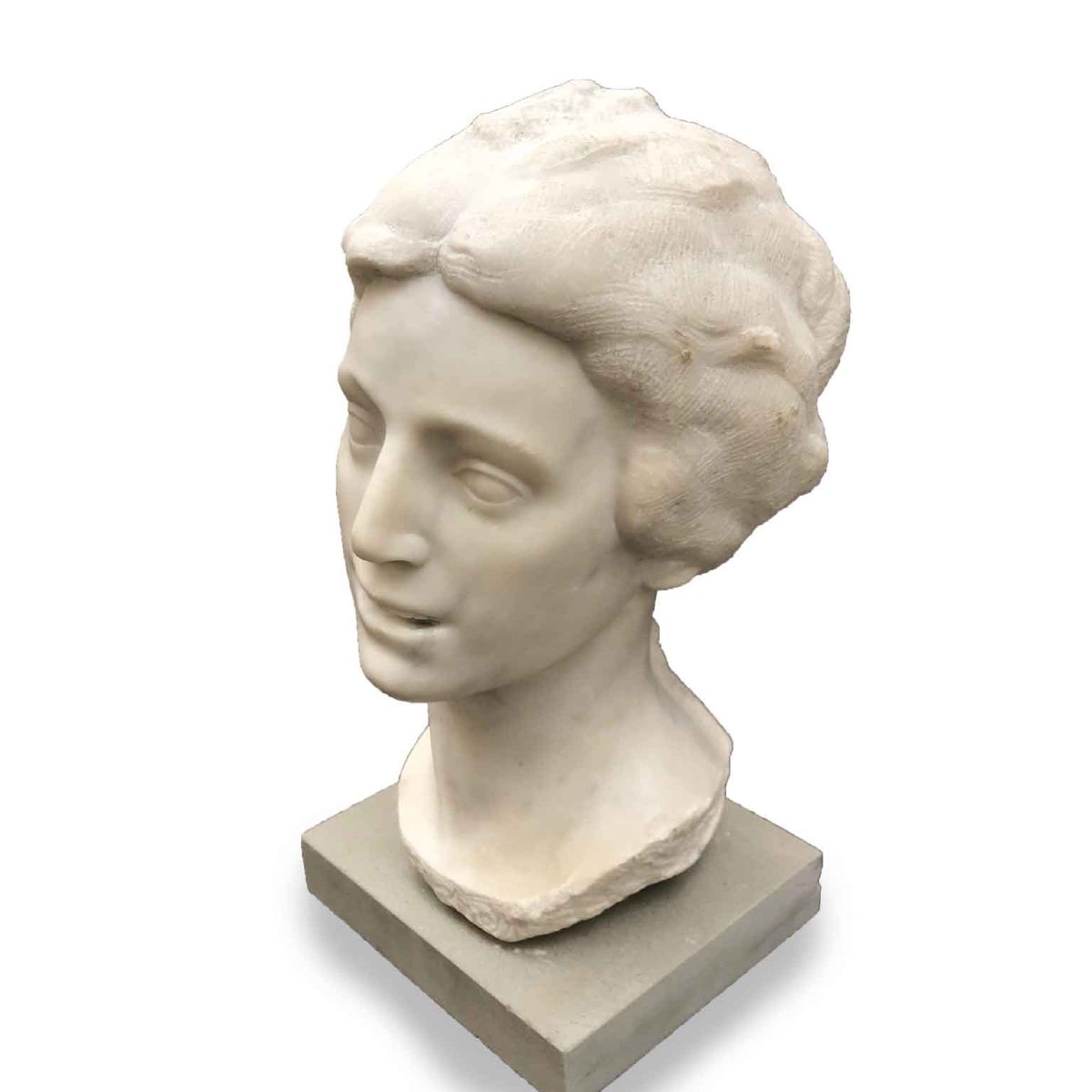  20th Century Italian Smiling Girl Bust White Marble Sculpture By Bossi Aurelio-photo-7