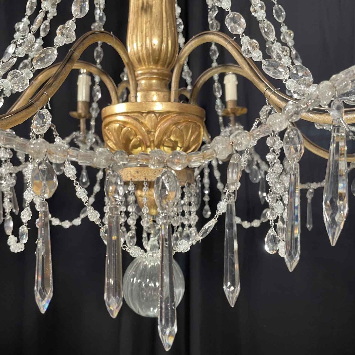 18th Century Italian Chandelier Genoese Empire Giltwood Crystal Six-light Pendant -photo-4