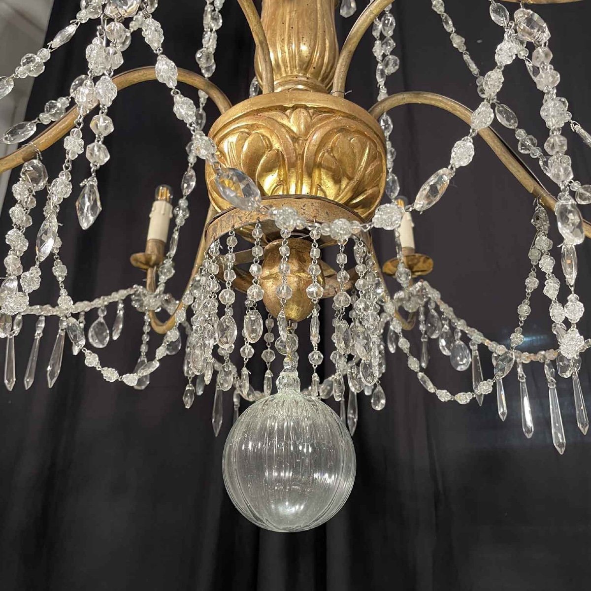 18th Century Italian Chandelier Genoese Empire Giltwood Crystal Six-light Pendant -photo-5