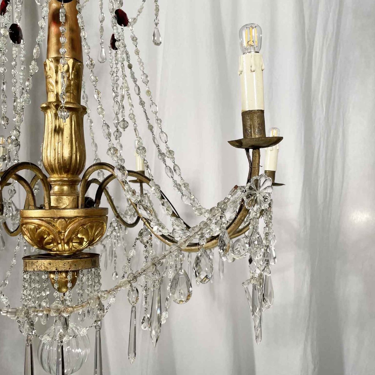 18th Century Italian Chandelier Genoese Empire Giltwood Crystal Six-light Pendant -photo-6