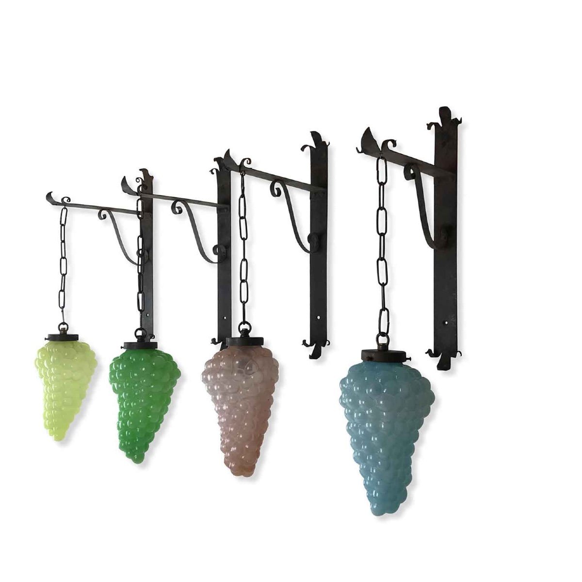Set Of Four Italian Colored Glass Grape Sconces With Wrought Iron Brackets 1960s-photo-4
