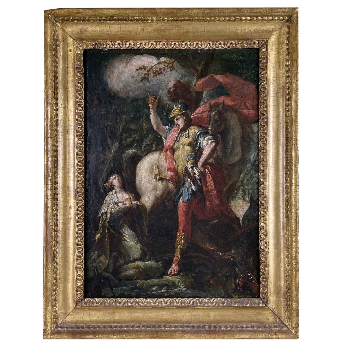 Saint George And The Dragon 18th Century Italian School Oil On Oak Panel Painting