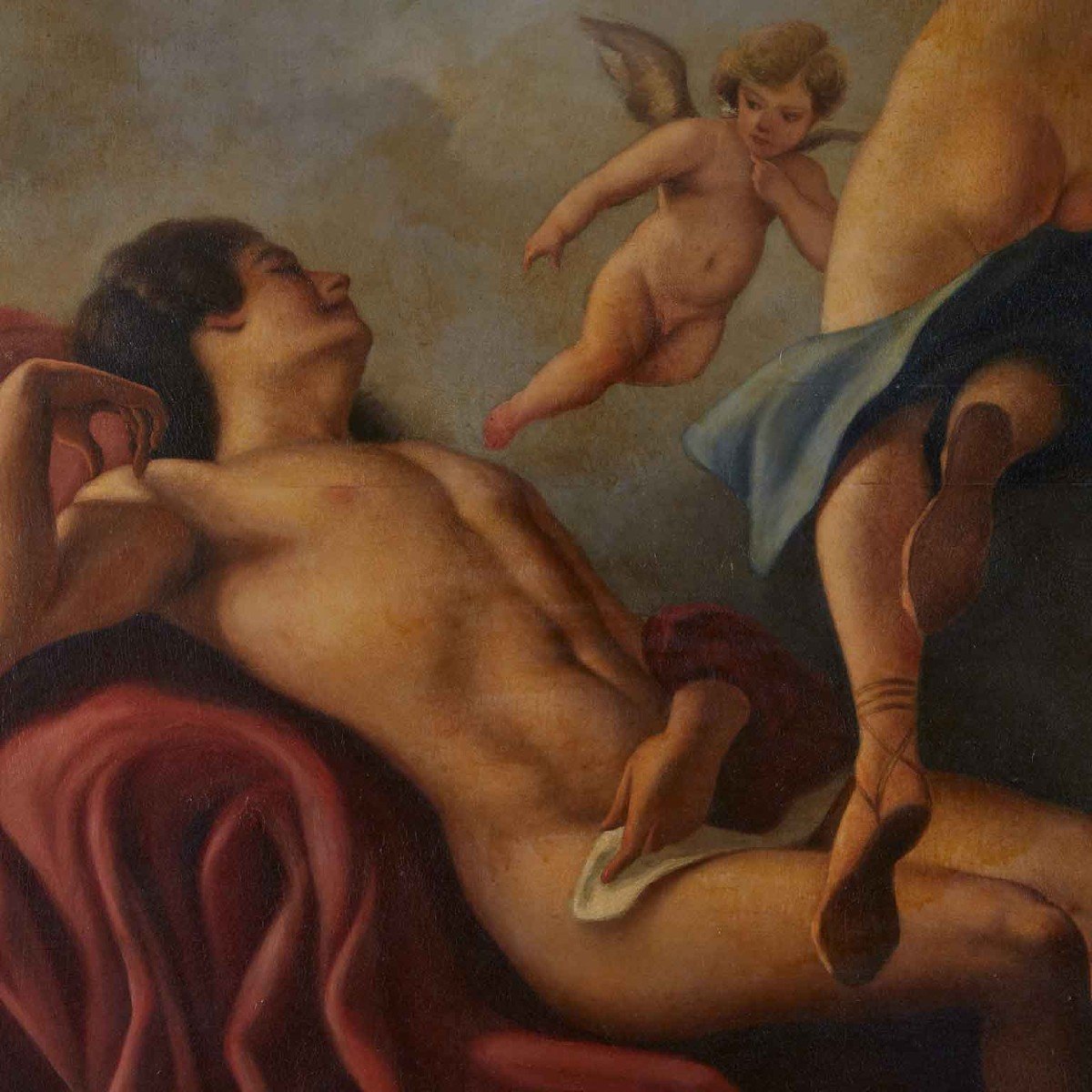 Cupidon Et Psyché Grande Peinture Mythologique Italienne Années 1950-photo-2