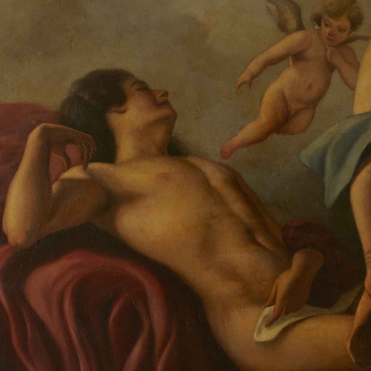Cupidon Et Psyché Grande Peinture Mythologique Italienne Années 1950-photo-8