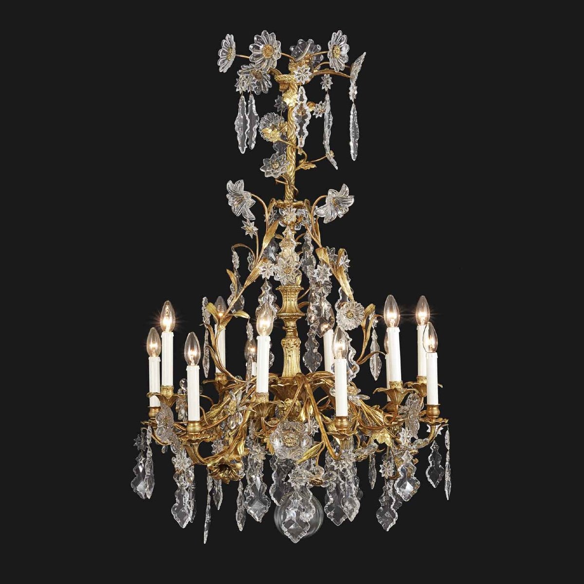 19th Century French Gilt Bronze And Crystal Twelve-branch Floral Chandelier -photo-2