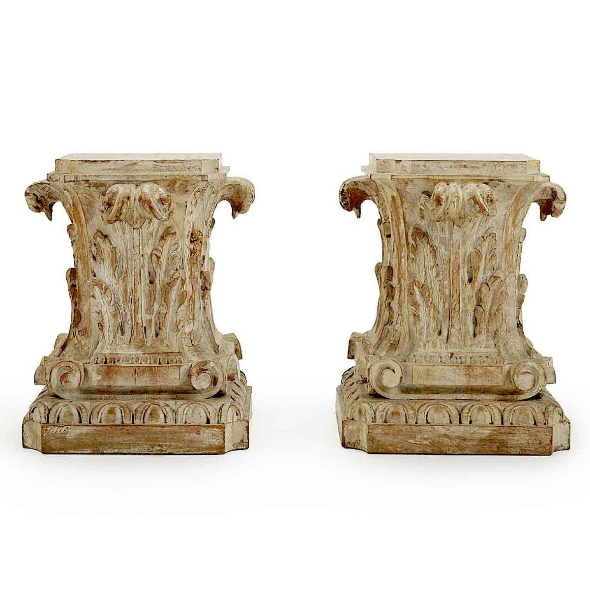 Pair Of Italian Florentine Wooden Capital Pedestals Or Table Bases 1900s