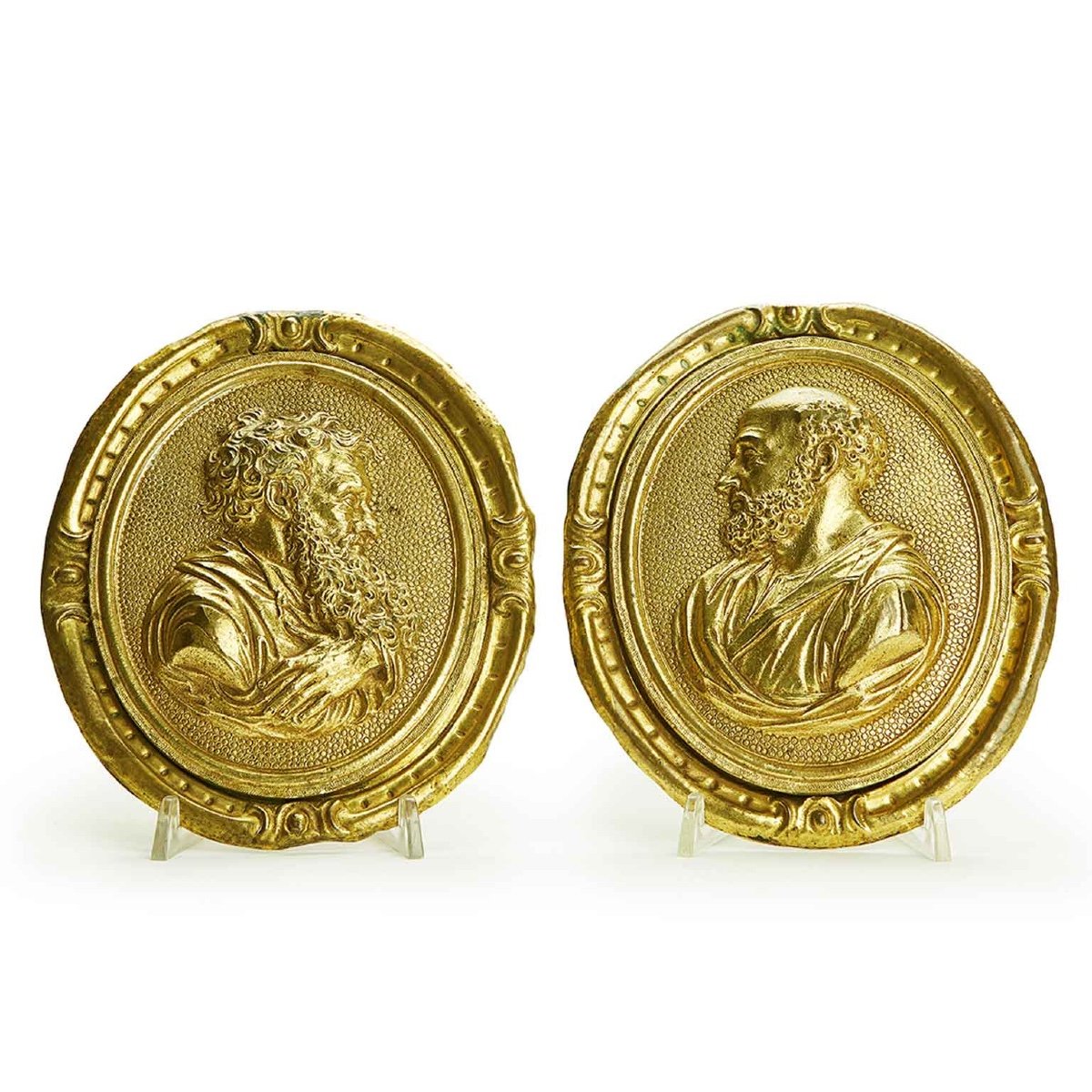 Pair Of 18th-century Italian Gilded Bronze Relief With Saint Profiles