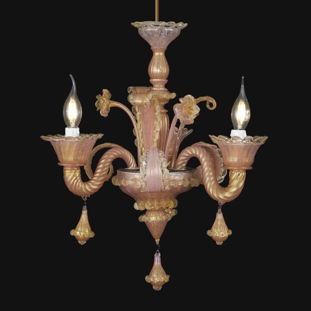 Venetian Pink And Gold Murano Blown Glass Chandelier 1950s