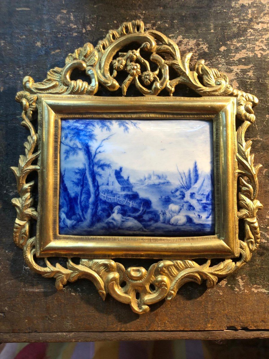 Pair Of Enamel Plaques Painted With Blue Landscapes And Figures 1700s-photo-2