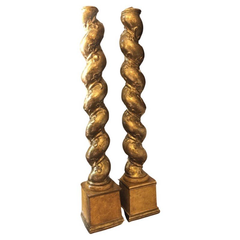 Pair Of Italian Gilt Wood Twisted Columns-photo-2