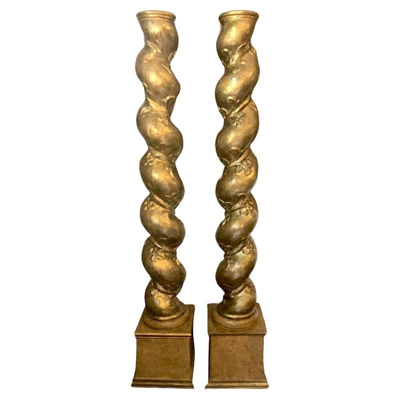 Pair Of Italian Gilt Wood Twisted Columns-photo-3