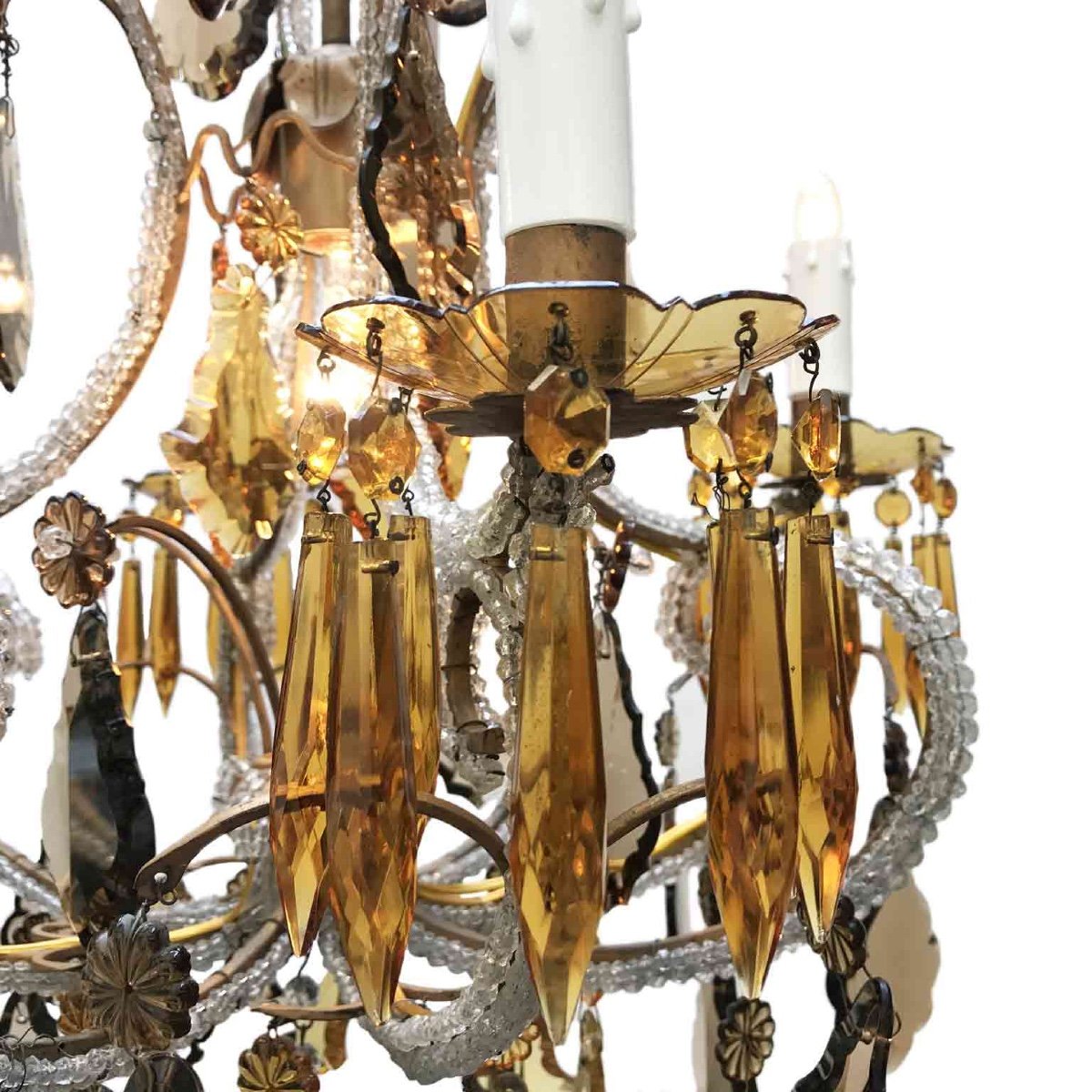 20th Century Italian Beaded Crystal Chandelier With Amber And Grey Colored Drops-photo-4