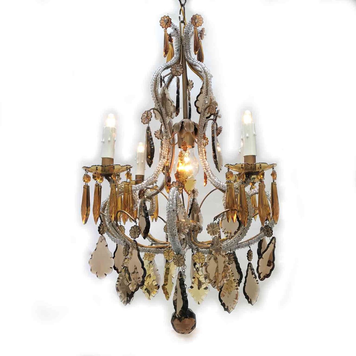 20th Century Italian Beaded Crystal Chandelier With Amber And Grey Colored Drops