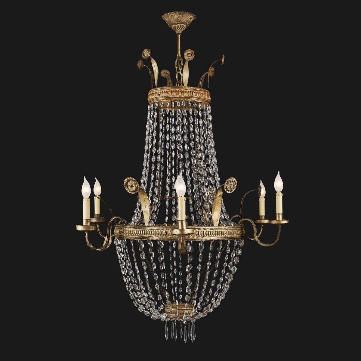 19th Century Italian Empire Beaded Crystal Chandelier Six Light Brass And Iron Structure-photo-2