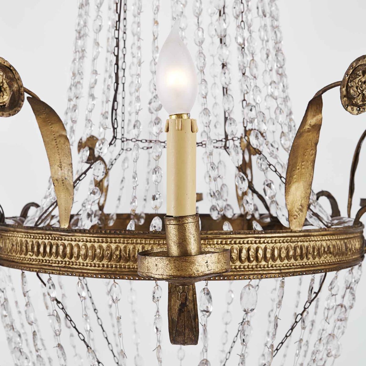 19th Century Italian Empire Beaded Crystal Chandelier Six Light Brass And Iron Structure-photo-3