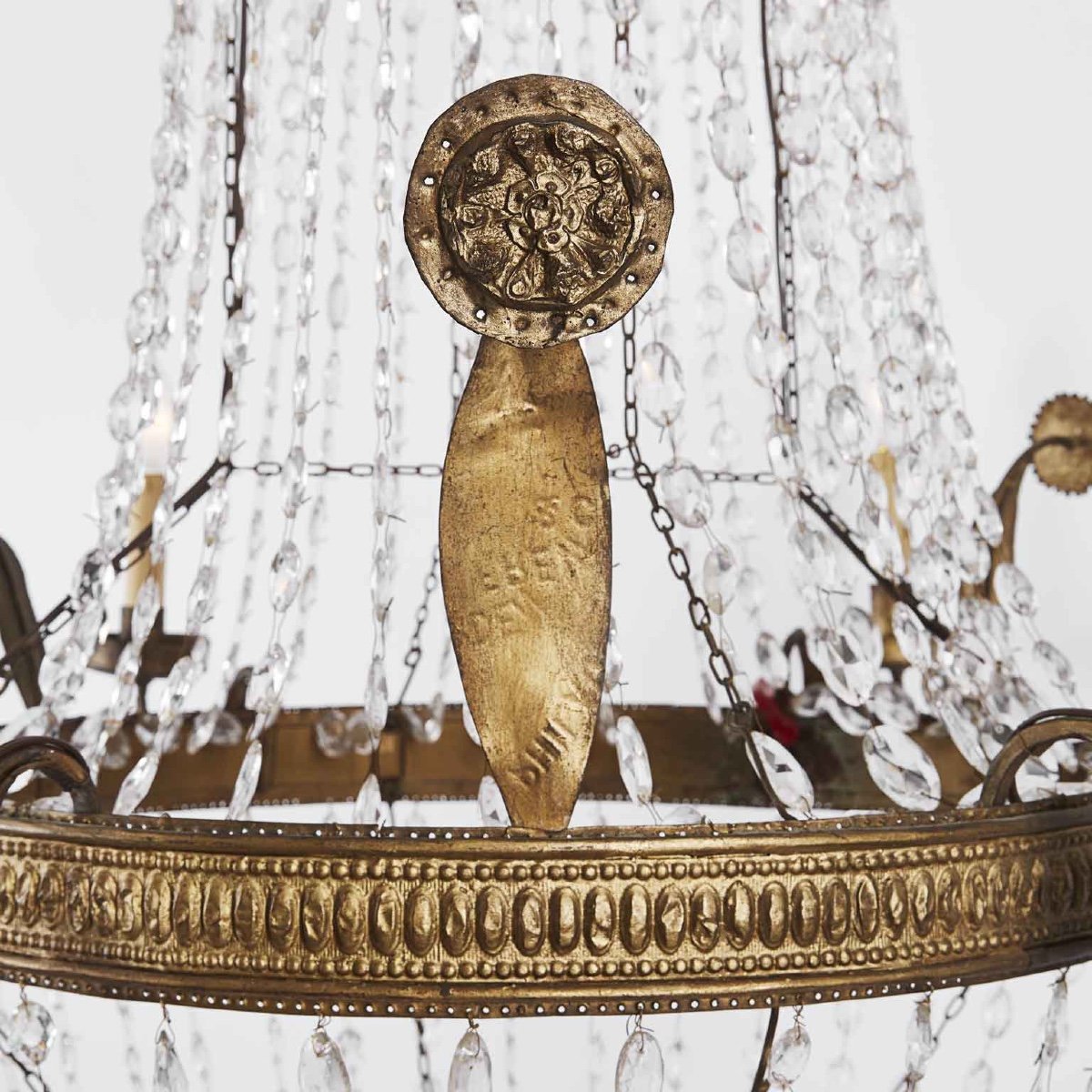 19th Century Italian Empire Beaded Crystal Chandelier Six Light Brass And Iron Structure-photo-4