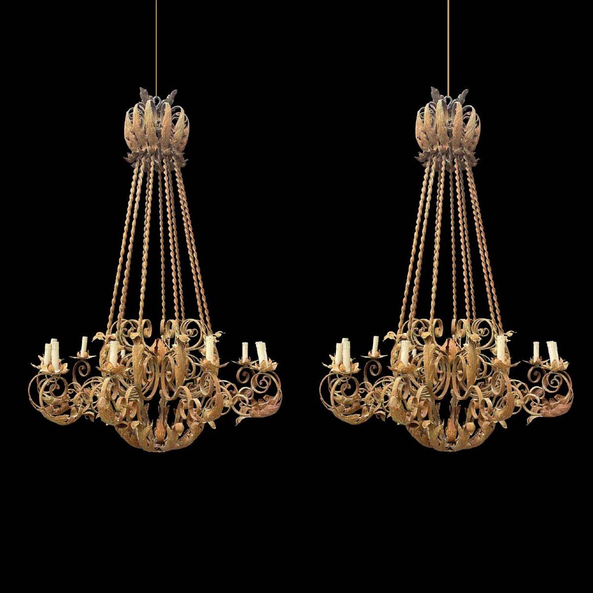 Pair Of Large Italian Wrough Iron Chandeliers 1970s Circa