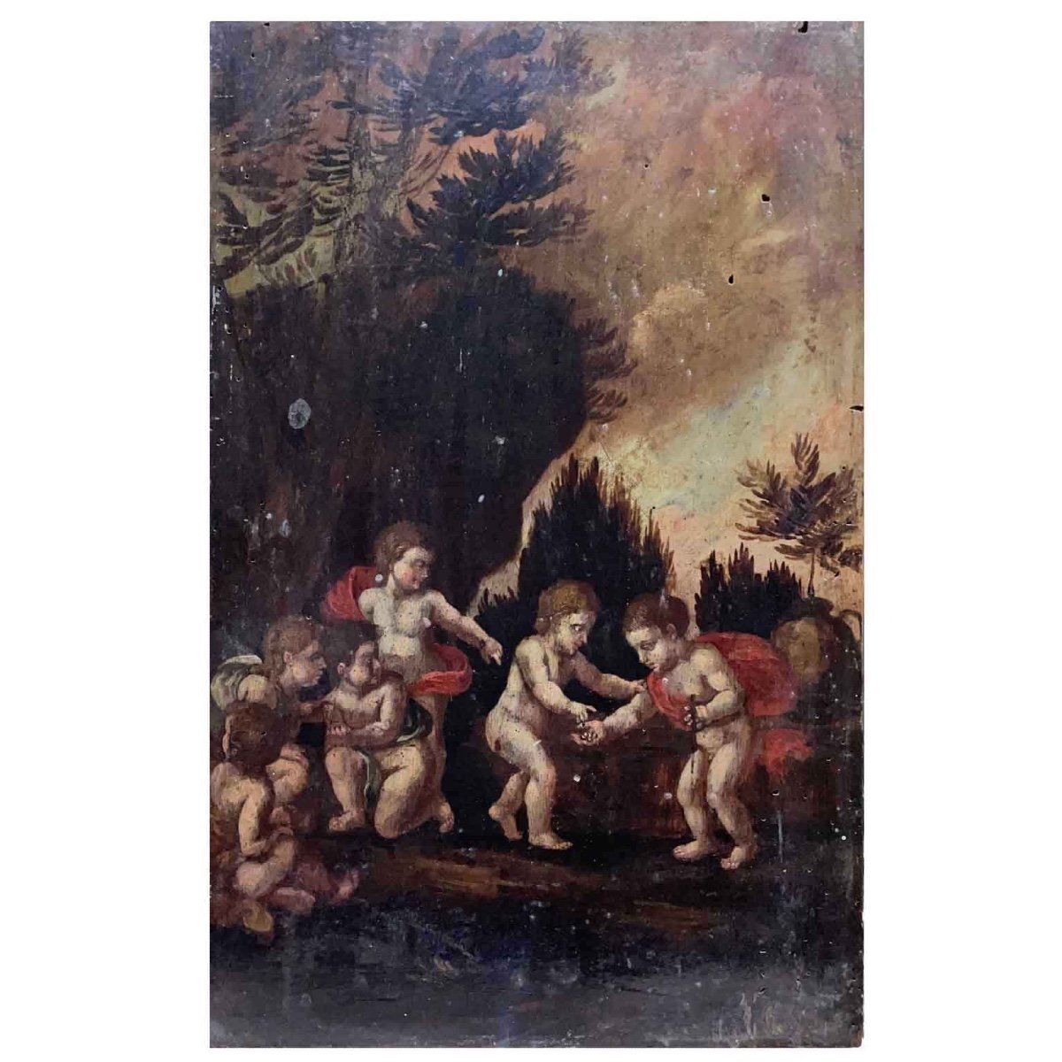 19th Century Pair Of Italian Landscape With Putti Pair Of Cherub Paintings Oil On Wood-photo-2