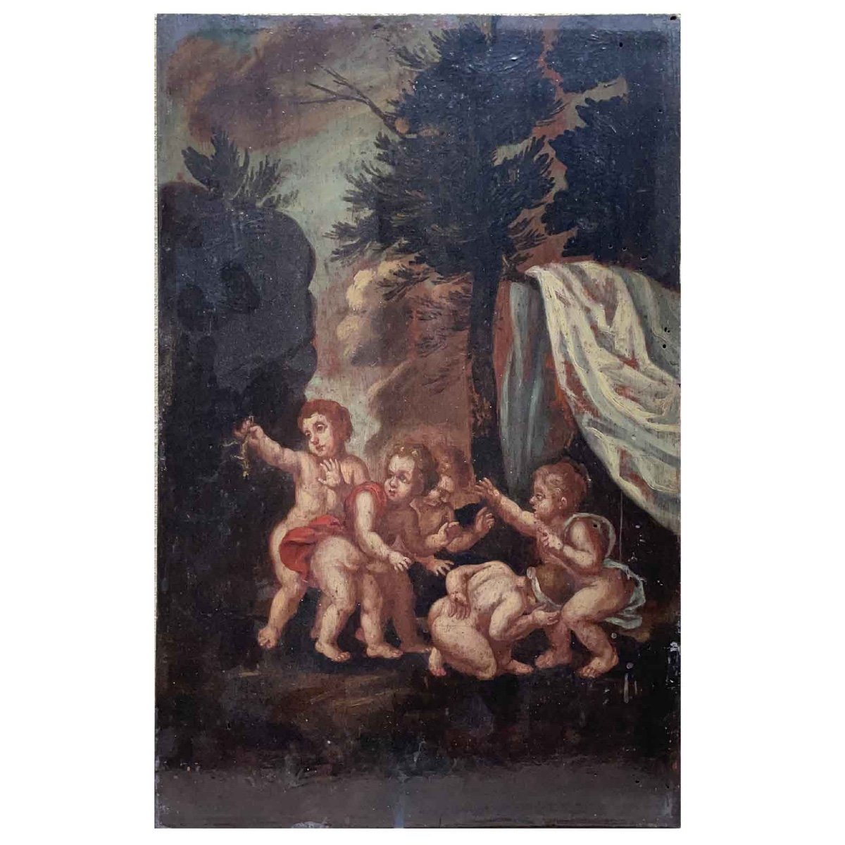 19th Century Pair Of Italian Landscape With Putti Pair Of Cherub Paintings Oil On Wood-photo-3