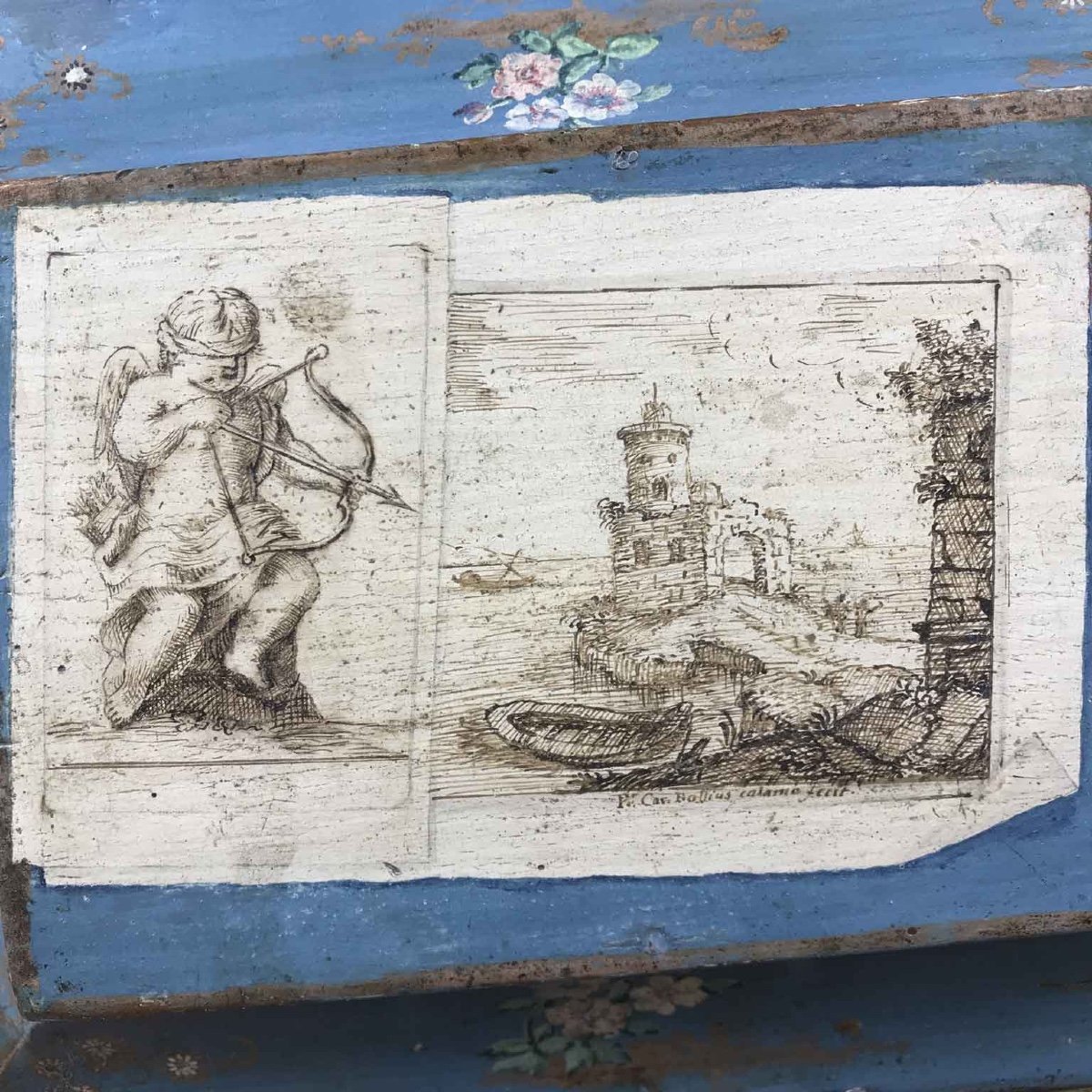 18th Century Italian Blue Wooden Box With Cupid And Flower Decoration-photo-2