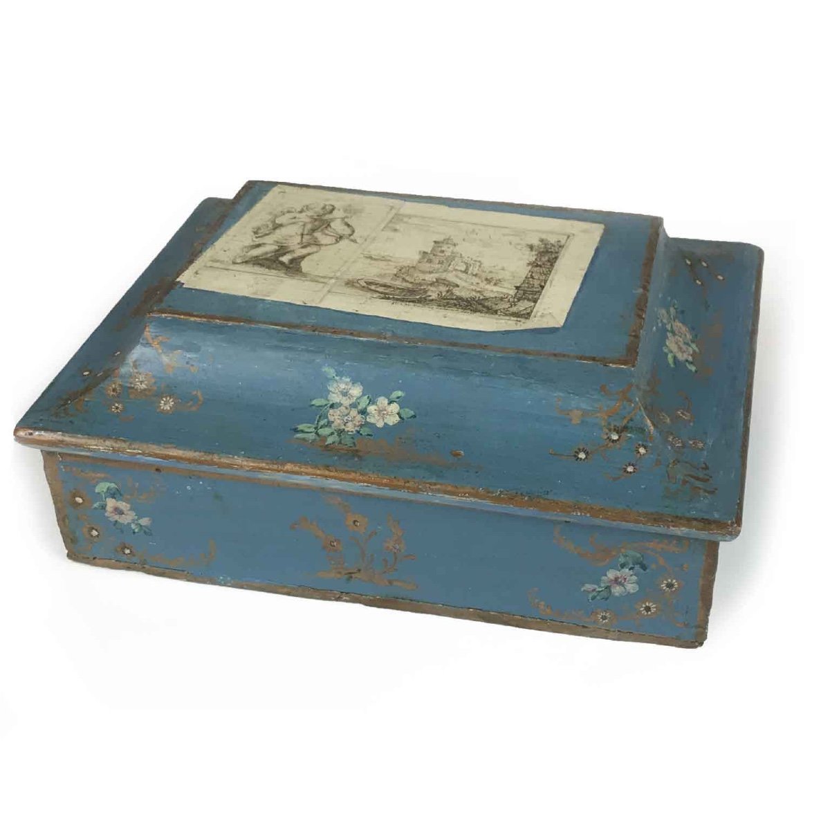 18th Century Italian Blue Wooden Box With Cupid And Flower Decoration-photo-1